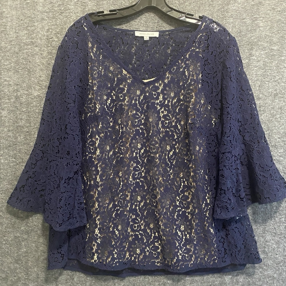 Rose‎ Olive Top Womens 1X Blue Boho Lace Embroidered Bell Sleeve Lined Blouse